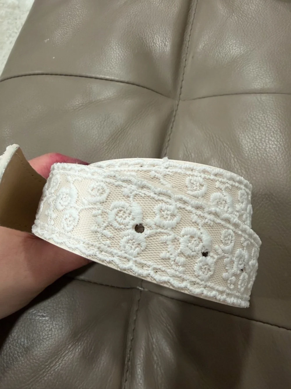 White Lace Belt Women Faux Leather Floral Embroidered Silver Buckle Cottagecore